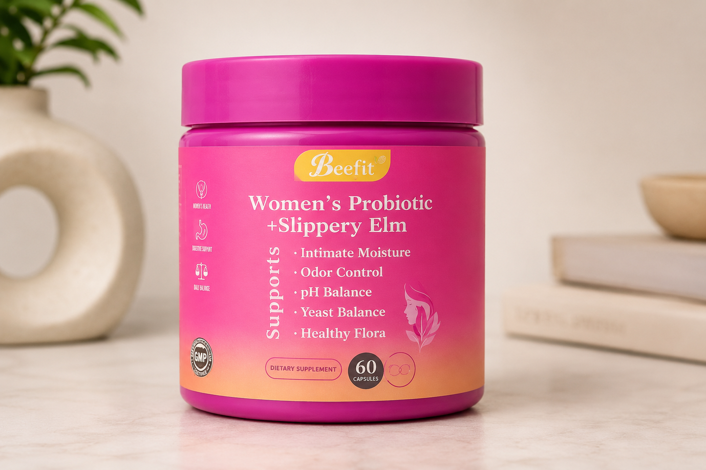 Beefit Women’s Probiotic + Slippery Elm – Vaginal & Digestive Health Support | 60 Capsules