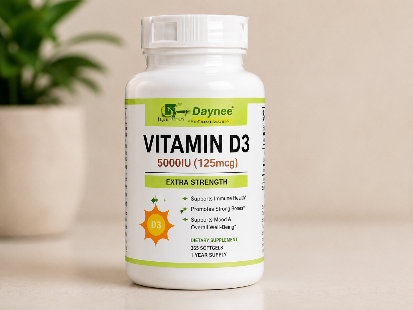 Daynee Vitamin D3 5000 IU (125mcg) Extra Strength – 180 Softgels | Immune, Bone & Muscle Support