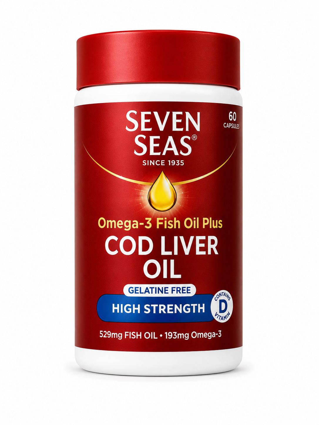 Seven Seas Omega-3 Fish Oil Plus Cod Liver Oil High Strength Gelatine Free - 60 Capsules