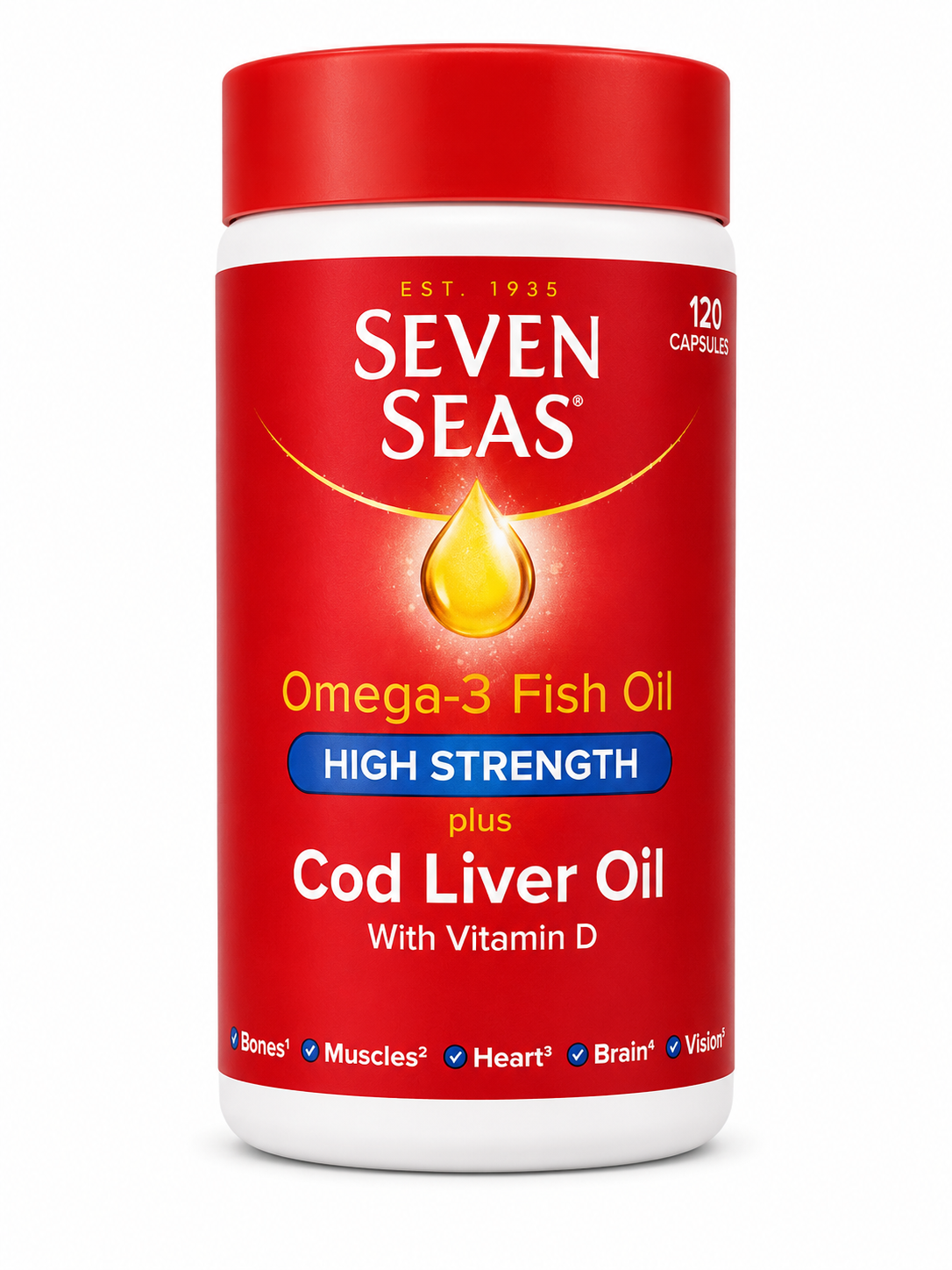 Seven Seas Omega-3 Fish Oil High Strength Plus Cod Liver Oil with Vitamin D - 120 Capsules
