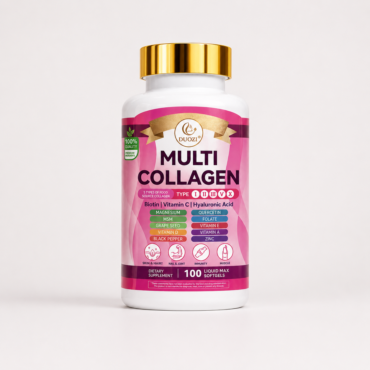 DUOZI Multi Collagen Complex – 100 Liquid Softgels | Collagen Types I, II, III, V & X with Hyaluronic Acid, Biotin & Vitamin C