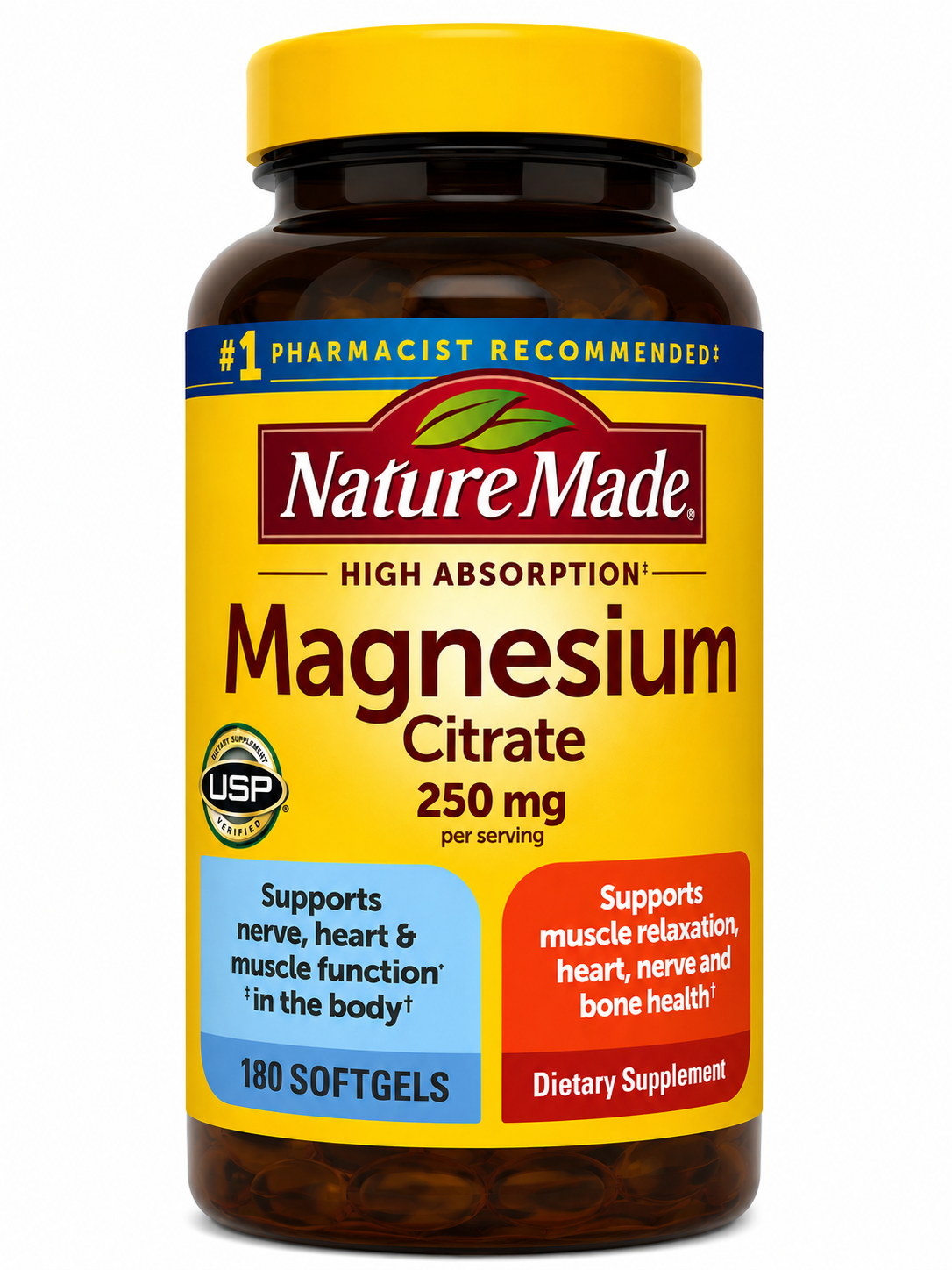 Nature Made Magnesium Citrate 250mg High Absorption USP Verified - 180 Softgels