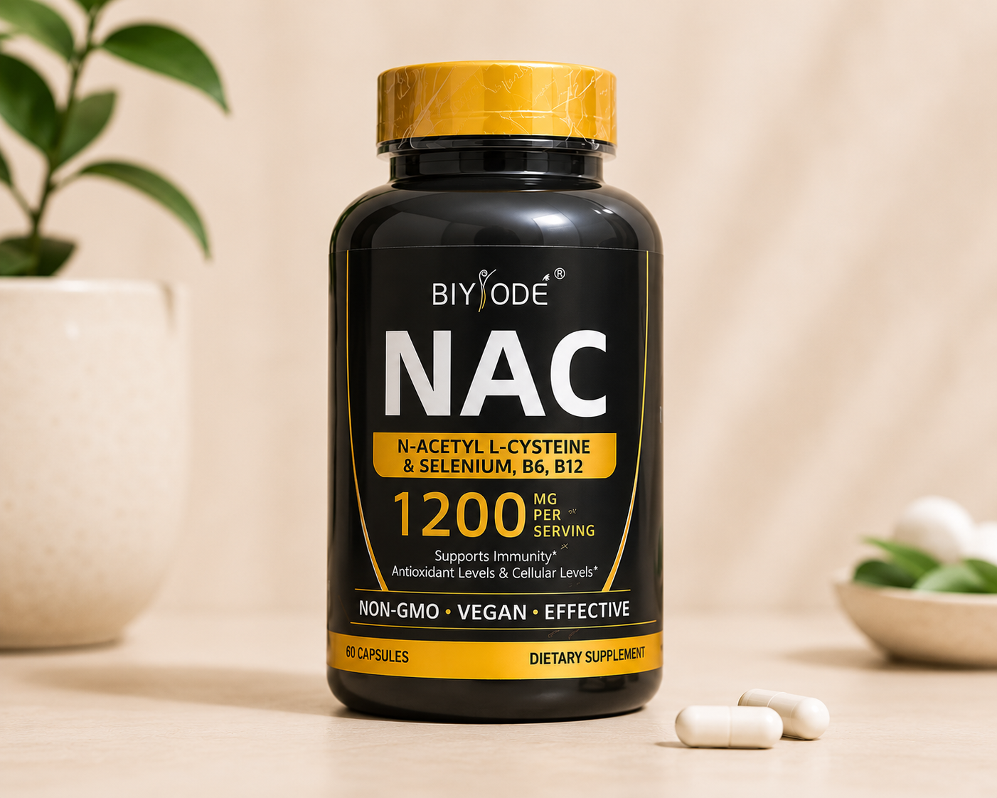 BIYODE NAC 1200mg – N-Acetyl L-Cysteine with Selenium, Vitamin B6 & B12 | 60 Capsules