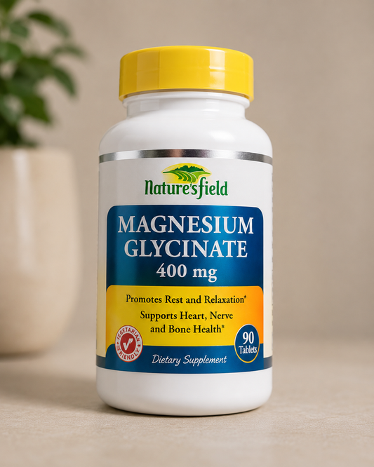 Nature’s Field Magnesium Glycinate 400mg – 90 Tablets | Magnesium Supplement for Relaxation, Heart, Nerve & Bone Health