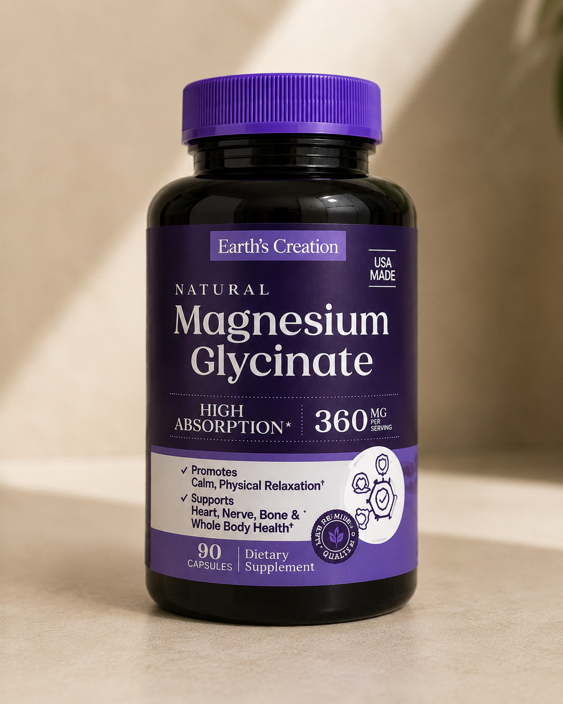 Earth’s Creation Magnesium Glycinate 360mg – High Absorption | 90 Capsules