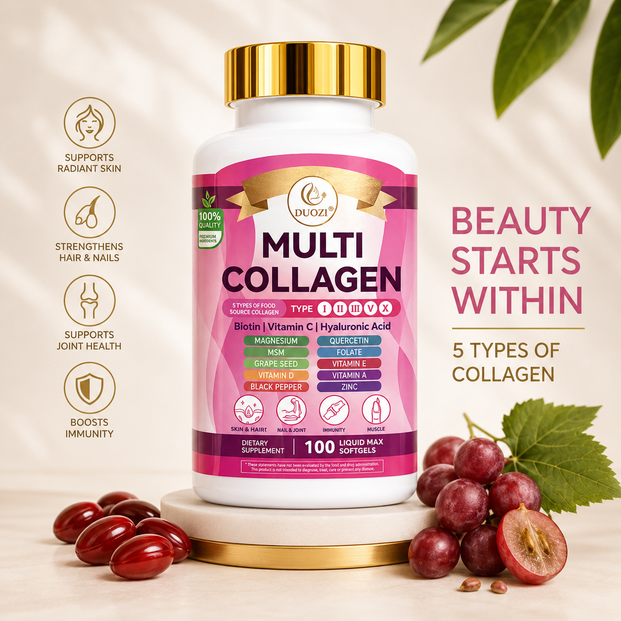 DUOZI Multi Collagen Complex – 100 Liquid Softgels | Collagen Types I, II, III, V & X with Hyaluronic Acid, Biotin & Vitamin C