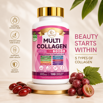 DUOZI Multi Collagen Complex – 100 Liquid Softgels | Collagen Types I, II, III, V & X with Hyaluronic Acid, Biotin & Vitamin C