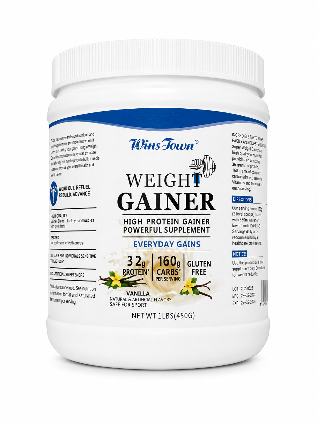WinsTown Weight Gainer High Protein Powerful Supplement Vanilla - 1LBS 450g
