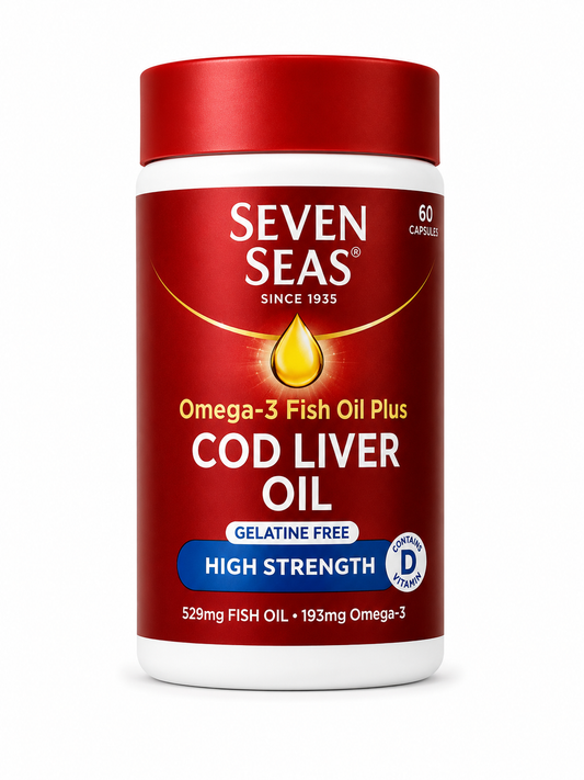 Seven Seas Omega-3 Fish Oil Plus Cod Liver Oil High Strength Gelatine Free - 60 Capsules