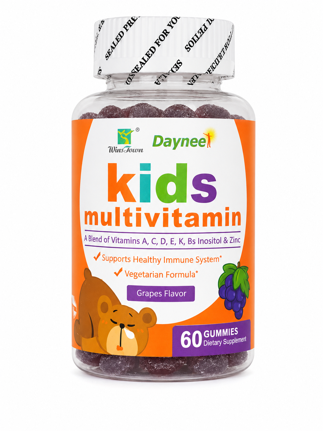 Daynee Kids Multivitamin Gummies Grape Flavor - 60 Gummies with Vitamins A C D E K B Inositol and Zinc