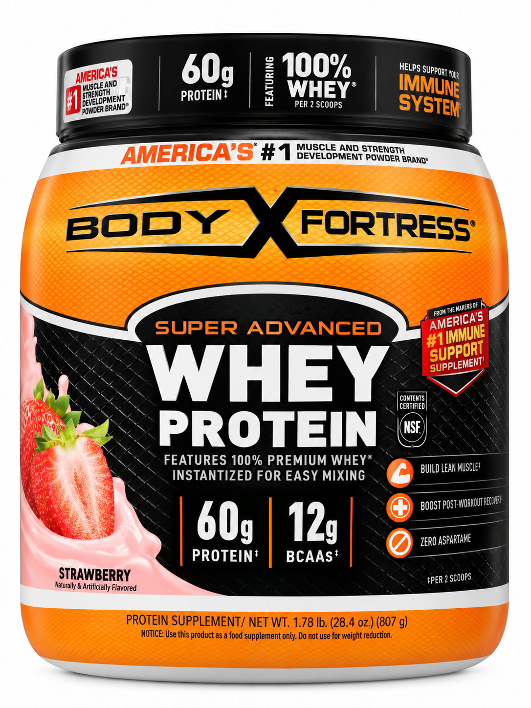 Body Fortress Super Advanced Whey Protein Strawberry 60g Protein 12g BCAAs NSF Certified - 1.78 LBS 807g